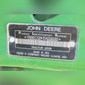 JD 2013 6170R Tractor: hub duals, 1,692 hours, full set wts, 18.4 x 46 tires & brand new duals, quick hitch, premium cab, SN# 1RW6170RHDA009293